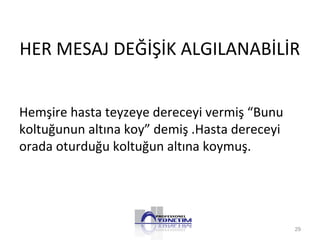 HER MESAJ DEĞİŞİK ALGILANABİLİR
Hemşire hasta teyzeye dereceyi vermiş “Bunu
koltuğunun altına koy” demiş .Hasta dereceyi
orada oturduğu koltuğun altına koymuş.
29
 