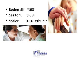 • Beden dili %60
• Ses tonu %30
• Sözler %10 etkilidir
 