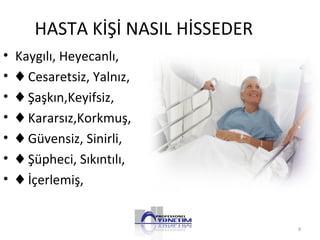 HASTA KİŞİ NASIL HİSSEDER
• Kaygılı, Heyecanlı,
• ♦ Cesaretsiz, Yalnız,
• ♦ Şaşkın,Keyifsiz,
• ♦ Kararsız,Korkmuş,
• ♦ Güvensiz, Sinirli,
• ♦ Şüpheci, Sıkıntılı,
• ♦ İçerlemiş,
9
 
