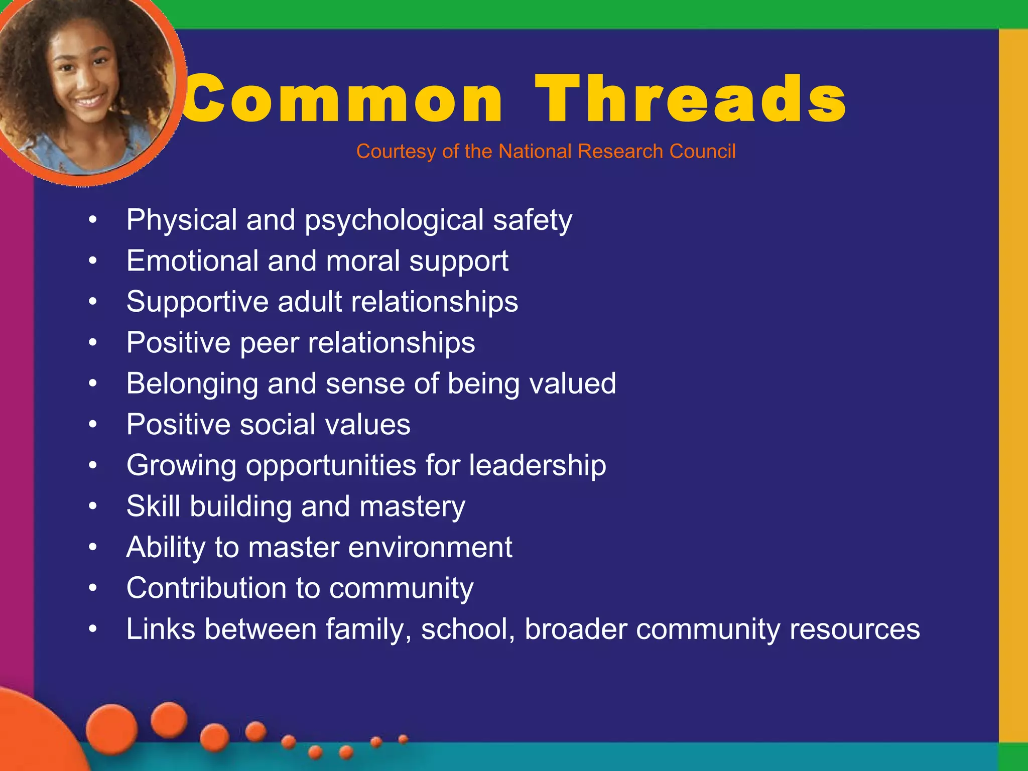 Common Threads Courtesy of the National Research Council Physical and psychological safety Emotional and moral support Supportive adult relationships Positive peer relationships Belonging and sense of being valued Positive social values Growing opportunities for leadership Skill building and mastery Ability to master environment Contribution to community Links between family, school, broader community resources 