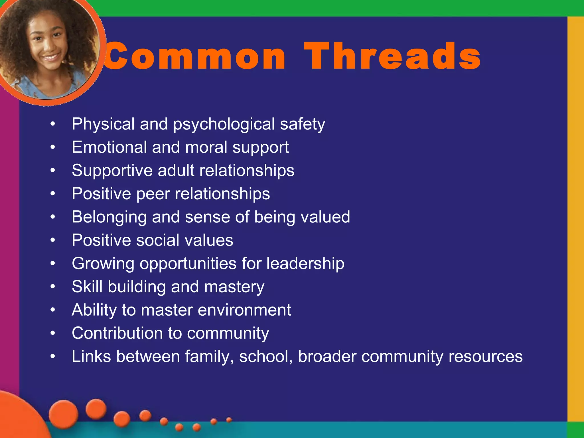 Common Threads Physical and psychological safety Emotional and moral support Supportive adult relationships Positive peer relationships Belonging and sense of being valued Positive social values Growing opportunities for leadership Skill building and mastery Ability to master environment Contribution to community Links between family, school, broader community resources 