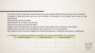 Para cada uno de los siguientes experimentos construye el Espacio Muestral (Conjunto de todos los posibles
resultados) y determina para cada uno, cuál de todos los resultados es más posible que suceda en cada
experimento.
a)Lanzamiento de tres monedas.
b)Lanzamiento de un dado y una moneda.
c)Suma de los puntos al lanzar dos dados.
d)Elegir al azar dos tarjetas de una caja que contiene dos tarjetas rojas, dos blancas y dos verdes.
e)Seleccionar al azar dos números diferentes del conjunto {1, 2, 3, 4, 5} y sumarlos.
f)La inspección de tres artículos elegidos de la línea de producción y clasificarlo como bueno o defectuoso.
II.-Propongan un experimento aleatorio y escriban tres sucesos elementales y tres compuestos.
Experimento aleatorio Eventos elementales Eventos compuestos
 