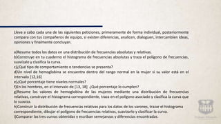 Lleva a cabo cada una de las siguientes peticiones, primeramente de forma individual, posteriormente
compara con tus compañeros de equipo, si existen diferencias, analicen, dialoguen, intercambien ideas,
opiniones y finalmente concluyan.
a)Resume todos los datos en una distribución de frecuencias absolutas y relativas.
b)Construye en tu cuaderno el histograma de frecuencias absolutas y traza el polígono de frecuencias,
suavízalo y clasifica la curva.
c)¿Qué tipo de comportamiento o tendencias se presenta?
d)Un nivel de hemoglobina se encuentra dentro del rango normal en la mujer si su valor está en el
intervalo [12,16]
e)¿Qué porcentaje tiene niveles normales?
f)En los hombres, en el intervalo de [13, 18] ¿Qué porcentaje lo cumplen?
g)Resume los valores de hemoglobina de las mujeres mediante una distribución de frecuencias
relativas, construye el histograma correspondiente, traza en el polígono asociado y clasifica la curva que
lo suaviza.
h)Construir la distribución de frecuencias relativas para los datos de los varones, trazar el histograma
correspondiente, dibujar el polígono de frecuencias relativas, suavizarlo y clasificar la curva.
i)Comparar las tres curvas obtenidas y escriban semejanzas y diferencias encontradas.
 