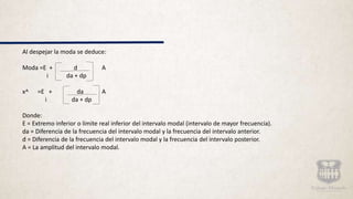 Al despejar la moda se deduce:
Moda =E + d A
i da + dp
x^ =E + da A
i da + dp
Donde:
E = Extremo inferior o límite real inferior del intervalo modal (intervalo de mayor frecuencia).
da = Diferencia de la frecuencia del intervalo modal y la frecuencia del intervalo anterior.
d = Diferencia de la frecuencia del intervalo modal y la frecuencia del intervalo posterior.
A = La amplitud del intervalo modal.
 