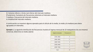 Ei: Extremo inferior o límite real inferior del intervalo mediana.
Σf anteriores: Sumatoria de frecuencias anteriores al intervalo mediana.
f mediana: Frecuencia del intervalo mediana.
A: Amplitud del intervalo mediana.
A continuación se muestran algunos ejemplos para el cálculo de la media, la moda y la mediana para datos
agrupados en intervalos.
Ejemplo 1. La siguiente distribución de frecuencias muestra el ingreso mensual de 22 trabajadores de una empresa
comercial, determina la media salarial.
Ingresos mensuales Frecuencia (f )
[3200, 4000) 9
[4000, 4800) 5
[4800, 5600) 4
[5600, 6400) 3
[6400, 7200] 1
Total 22
 