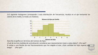 2.El siguiente histograma corresponde a esta distribución de frecuencias, localiza en el eje horizontal los
valores de la media, la moda y la mediana.
Describe el gráfico en términos del número de hijos:
¿Cuál de las tres medidas de centralización consideras que representarían mejor a estos datos? ¿Por qué?
Si visitas a una familia de ese fraccionamiento que fue elegida al azar, ¿Qué cantidad de hijos esperas que
tenga? ¿Por qué?
Número de hijos por familia
12
10
8
6
4
2
0
0 1 2 3 4 5 6
Número de hijos
 
