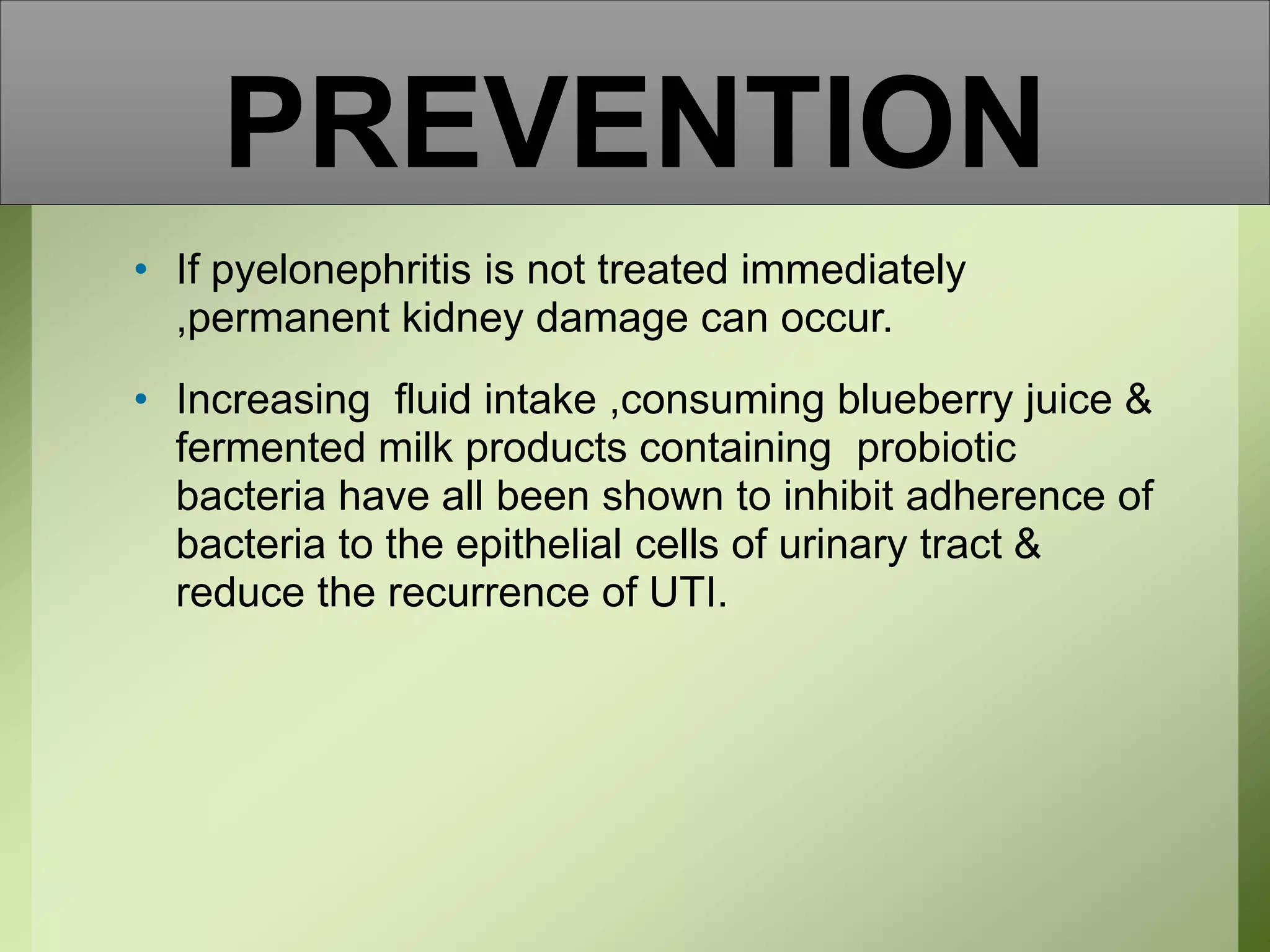 PREVENTION
• If pyelonephritis is not treated immediately
,permanent kidney damage can occur.
• Increasing fluid intake ,consuming blueberry juice &
fermented milk products containing probiotic
bacteria have all been shown to inhibit adherence of
bacteria to the epithelial cells of urinary tract &
reduce the recurrence of UTI.
 