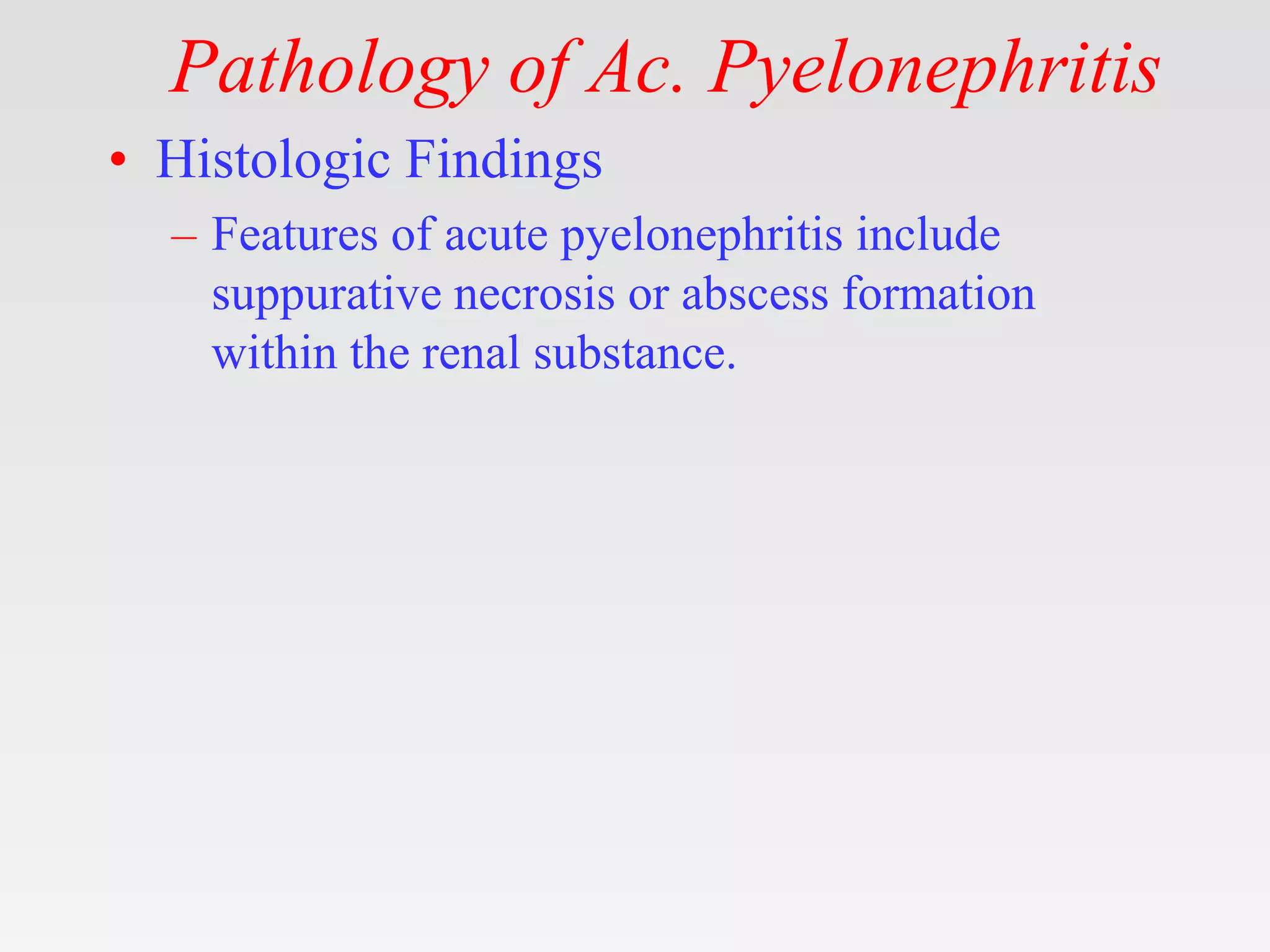 Pathology of Ac. Pyelonephritis
• Histologic Findings
– Features of acute pyelonephritis include
suppurative necrosis or abscess formation
within the renal substance.
 