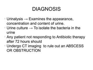 DIAGNOSIS
l
Urinalysis → Examines the appearance,
concentration and content of urine.
l
Urine culture → To isolate the bacteria in the
urine
l
Any patient not responding to Antibiotic therapy
after 72 hours should
l
Undergo CT imaging to rule out an ABSCESS
OR OBSTRUCTION
 