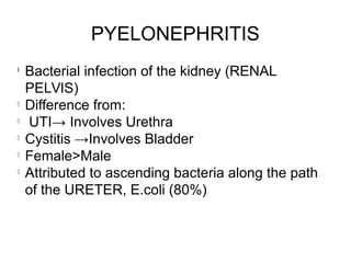 PYELONEPHRITIS
l
Bacterial infection of the kidney (RENAL
PELVIS)
l
Difference from:
l
UTI→ Involves Urethra
l
Cystitis →Involves Bladder
l
Female>Male
l
Attributed to ascending bacteria along the path
of the URETER, E.coli (80%)
 