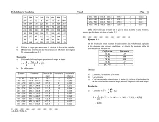 Probabilidad y Estadística Tema I Pág. 16
S)))))))))))))))))))))))))))))))))))))))
A.L.B.S./ N.M.G.
358 384 256 246 328 464 448 716
304 16 72 8 80 72 56 608
108 194 136 224 80 16 424 264
156 216 168 184 552 72 184 240
438 120 308 32 272 152 328 480
60 208 340 104 72 168 40 152
360 232 40 112 112 288 168 352
56 72 64 40 184 264 96 224
168 168 114 280 152 208 160 176
a) Utilizar el rango para aproximar el valor de la desviación estándar.
b) Obtener una distribución de frecuencias con 15 clases de longitud
50 comenzando con 0.5
Resolución
a) Utilizando la fórmula par aproximar el rango se tiene:
b) La tabla queda:
Límites Fronteras Marcas de
clase
frecuencia frecuencia
relativa
1 - 50 0.5 - 50.5 25.5 11 0.125
51 - 100 50.5 - 100.5 75.5 16 0.182
101 - 150 100.5 - 150.5 125.5 8 0.091
151 - 200 150.5 - 200.5 175.5 15 0.170
201 - 250 200.5 - 250.5 225.5 10 0.114
251 - 300 250.5 - 300.5 275.5 6 0.068
301 - 350 300.5 - 350.5 325.5 5 0.057
351 - 400 350.5 - 400.5 375.5 6 0.068
401 - 450 400.5 - 450.5 425.5 3 0.034
451 - 500 450.5 - 500.5 475.5 2 0.023
501 - 550 500.5 - 550.5 525.5 1 0.011
551 - 600 550.5 - 600.5 575.5 2 0.023
601 - 650 600.5 - 650.5 625.5 1 0.011
651 - 700 650.5 - 700.5 675.5 1 0.011
701 - 750 700.5 - 750.5 725.5 1 0.011
Debe observarse que el valor en el que se inicia la tabla es una frontera,
puesto que los datos no tiene el valor 0.5.
S))))))))))))))))))))))))))))))))))))))
Ejemplo 1.3
De los resultados en un examen de antecedentes de probabilidad, aplicado
a los alumnos que cursan estadística, se obtuvo la siguiente tabla de
distribución de frecuencias
Obtener:
a) La media, la mediana y la moda.
b) La variancia.
c) Con los resultados obtenidos en el inciso (a), indicar si la distribución
de las calificaciones tiene un sesgo positivo, negativo o no tiene sesgo.
Resolución
a) La media es
 