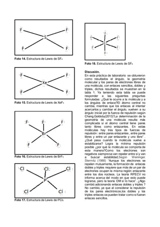 Foto 14. Estructura de Lewis de SF4
Foto 15. Estructura de Lewis de XeF4
Foto 16. Estructura de Lewis de BrF5.
Foto 17. Estructura de Lewis de PCl5
Foto 18. Estructura de Lewis de SF6
Discusión.
En esta práctica de laboratorio se obtuvieron
como resultados el ángulo, la geometría
molecular y los pares de electrones libres de
una molécula, con enlaces sencillos, dobles y
triples, dichos resultados se muestran en la
tabla 1. Ya teniendo esta tabla se puede
responder a las siguientes preguntas
formuladas: ¿Qué le ocurre a la molécula y a
los ángulos de enlace?El átomo central no
cambia, mientras que los enlaces al intentar
acercarlos y cambiar el ángulo, vuelven a su
ángulo inicial por la fuerza de repulsión según
Chang,Goldsby(2013)”La determinación de la
geometría de una molécula resulta más
complicada si el átomo central tiene pares
tanto libres como enlazantes. En estas
moléculas hay tres tipos de fuerzas de
repulsión : entre pares enlazantes , entre pares
libres y entre un par enlazante y uno libre” .
¿Qué pasa cuando la molécula vuelve a
estabilizarse? Logra la mínima repulsión
posible ¿por qué la molécula se comporta de
esta manera?Como los electrones son
negativos siemprese van repeler entre síy van
a buscar estabilidad,Según Weininger,
Stermitz (1988) “Aunque los electrones se
repelen mutuamente, la formación de enlaces
dobles y triples requiere que más de un par de
electrones ocupen la misma región enlazante
entre los dos núcleos. La teoría RPECV no
informa acerca del modo en que esto puede
lograrse, pero la teoría OM sí lo hace”. ¿Algo
cambió adicionando enlaces dobles y triples ?
No cambio, ya que al considerar la repulsión
de los pares electrónicos,los dobles y los
triples enlaces se pueden tratar como si fueran
enlaces sencillos.
 