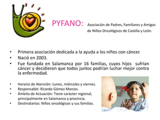 PYFANO: Asociación de Padres, Familiares y Amigos 
de Niños Oncológicos de Castilla y León. 
• Primera asociación dedicada a la ayuda a los niños con cáncer. 
• Nació en 2003. 
• Fue fundada en Salamanca por 16 familias, cuyos hijos sufrían 
cáncer y decidieron que todos juntos podrían luchar mejor contra 
la enfermedad. 
• Horario de Atención: Lunes, miércoles y viernes. 
• Responsable: Ricardo Gómez Marcos. 
• Ámbito de Actuación: Tiene carácter regional, 
principalmente en Salamanca y provincia. 
• Destinatarios: Niños oncológicos y sus familias. 
 