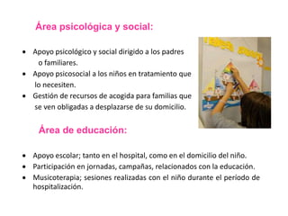 Área psicológica y social: 
 Apoyo psicológico y social dirigido a los padres 
o familiares. 
 Apoyo psicosocial a los niños en tratamiento que 
lo necesiten. 
 Gestión de recursos de acogida para familias que 
se ven obligadas a desplazarse de su domicilio. 
Área de educación: 
 Apoyo escolar; tanto en el hospital, como en el domicilio del niño. 
 Participación en jornadas, campañas, relacionados con la educación. 
 Musicoterapia; sesiones realizadas con el niño durante el período de 
hospitalización. 

