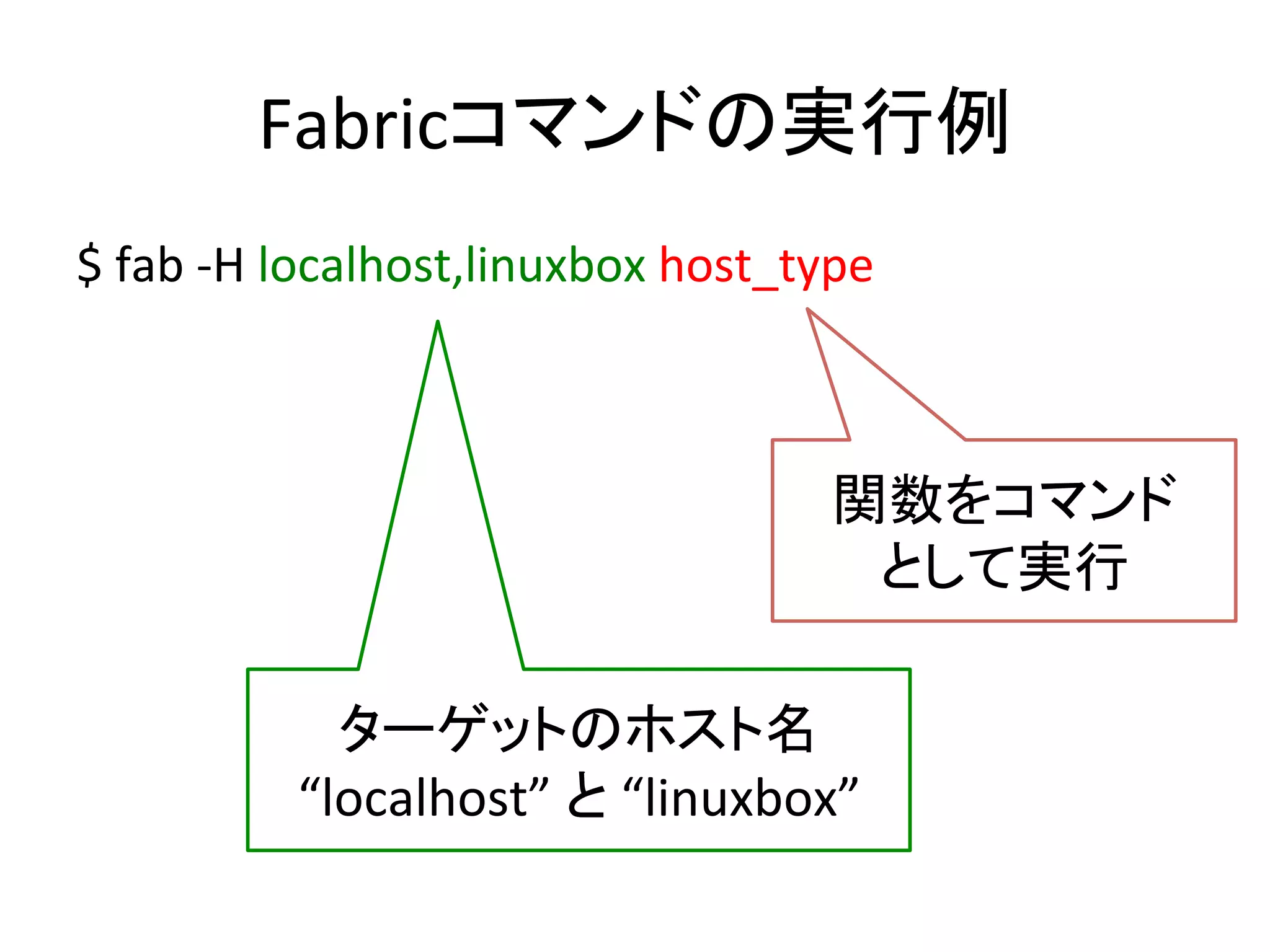 Fabricコマンドの実行例	
  
$	
  fab	
  -­‐H	
  localhost,linuxbox	
  host_type	
  
ターゲットのホスト名	
  
“localhost”	
  と	
  “linuxbox”	
  
関数をコマンド	
  
として実行 	
  
 