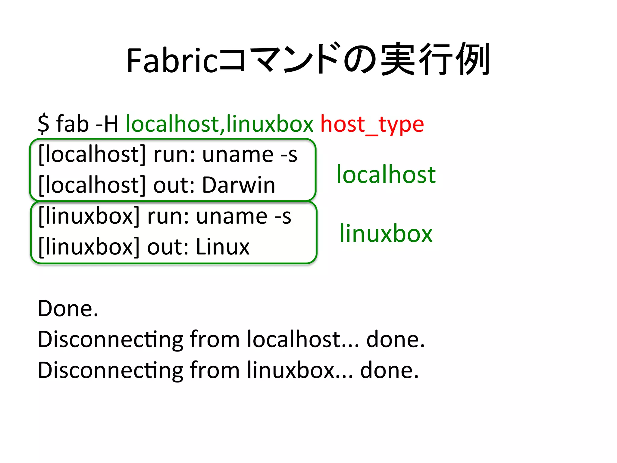 Fabricコマンドの実行例	
  
$	
  fab	
  -­‐H	
  localhost,linuxbox	
  host_type	
  
[localhost]	
  run:	
  uname	
  -­‐s	
  
[localhost]	
  out:	
  Darwin	
  
[linuxbox]	
  run:	
  uname	
  -­‐s	
  
[linuxbox]	
  out:	
  Linux	
  
	
  
Done.	
  
DisconnecUng	
  from	
  localhost...	
  done.	
  
DisconnecUng	
  from	
  linuxbox...	
  done.	
  
localhost	
  
linuxbox	
  
 