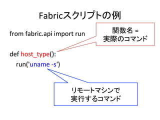 Fabricスクリプトの例	
  
from	
  fabric.api	
  import	
  run	
  
	
  
def	
  host_type():	
  
	
  	
  	
  	
  run('uname	
  -­‐s')	
  
関数名	
  =	
  	
  
実際のコマンド 	
  
リモートマシンで	
  
実行するコマンド 	
  
 