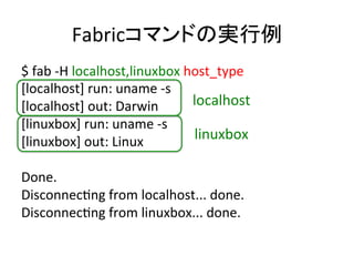Fabricコマンドの実行例	
  
$	
  fab	
  -­‐H	
  localhost,linuxbox	
  host_type	
  
[localhost]	
  run:	
  uname	
  -­‐s	
  
[localhost]	
  out:	
  Darwin	
  
[linuxbox]	
  run:	
  uname	
  -­‐s	
  
[linuxbox]	
  out:	
  Linux	
  
	
  
Done.	
  
DisconnecUng	
  from	
  localhost...	
  done.	
  
DisconnecUng	
  from	
  linuxbox...	
  done.	
  
localhost	
  
linuxbox	
  
 