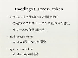 (mod|ngx)_access_token
✦

S3のクエリ文字列認証っぽい機能を提供	

✦

✦

✦

特定のアクセストークンに基づいた認証	

リソースの有効期限設定	


mod_access_token	

✦

✦

livedoor(現LINE)が開発	


ngx_access_token	

✦

@cubicdaiyaが開発

 