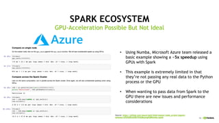10
SPARK ECOSYSTEM
Using• Numba, Microsoft Azure team released a
basic example showing a ~5x speedup using
GPUs with Spark
This example is extremely limited in that•
they’re not passing any real data to the Python
process or the GPU
When wanting to pass data from Spark to the•
GPU there are new issues and performance
considerations
GPU-Acceleration Possible But Not Ideal
Source: https://github.com/Azure/aztk/blob/master/node_scripts/jupyter-
samples/GPU%2Bvs%2BCPU%2Busing%2BNumba.ipynb
 