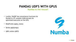 46
PANDAS UDFS WITH GPUS
Numba to the rescue!
Luckily,• PyGDF has convenience functions for
Numba to JIT compile CUDA kernels for
optimized execution on the GPU
DataFrame.apply_rows• ()
Series.applymap• ()
UDFs within UDFS!•
 