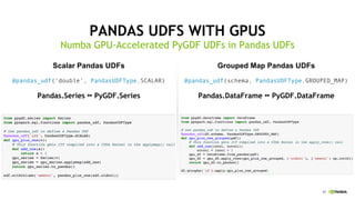 47
PANDAS UDFS WITH GPUS
Numba GPU-Accelerated PyGDF UDFs in Pandas UDFs
Scalar Pandas UDFs Grouped Map Pandas UDFs
@pandas_udf(schema, PandasUDFType.GROUPED_MAP)@pandas_udf(‘double’, PandasUDFType.SCALAR)
Pandas.Series PyGDF.Series Pandas.DataFrame PyGDF.DataFrame
 