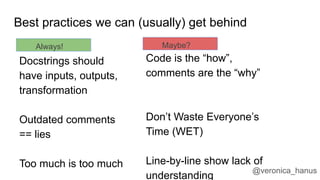 Best practices we can (usually) get behind
Code is the “how”,
comments are the “why”
Don’t Waste Everyone’s
Time (WET)
Lin...