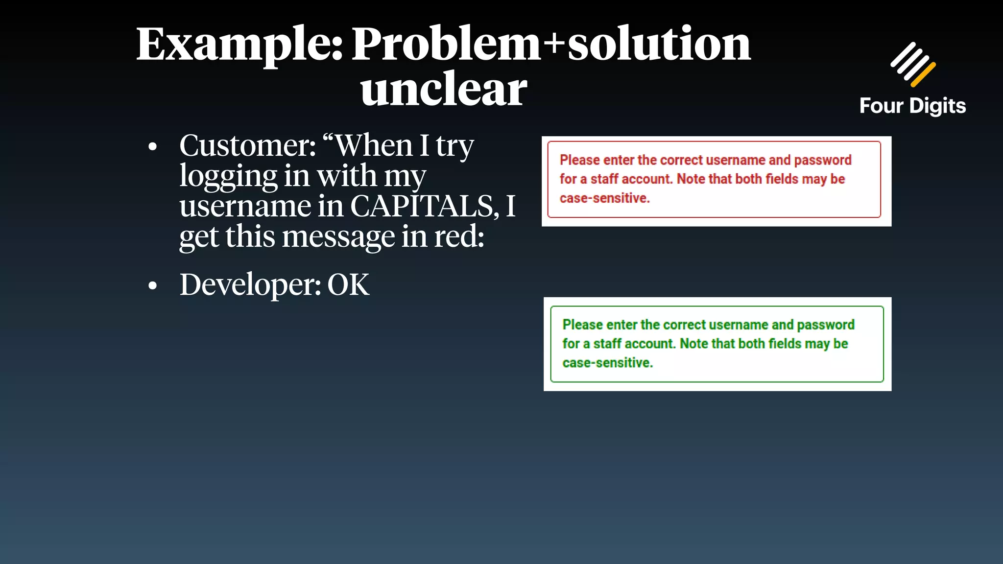 Example: Problem+solution unclear ● Customer: “When I try logging in with my username in CAPITALS, I get this message in red: ● Developer: OK 