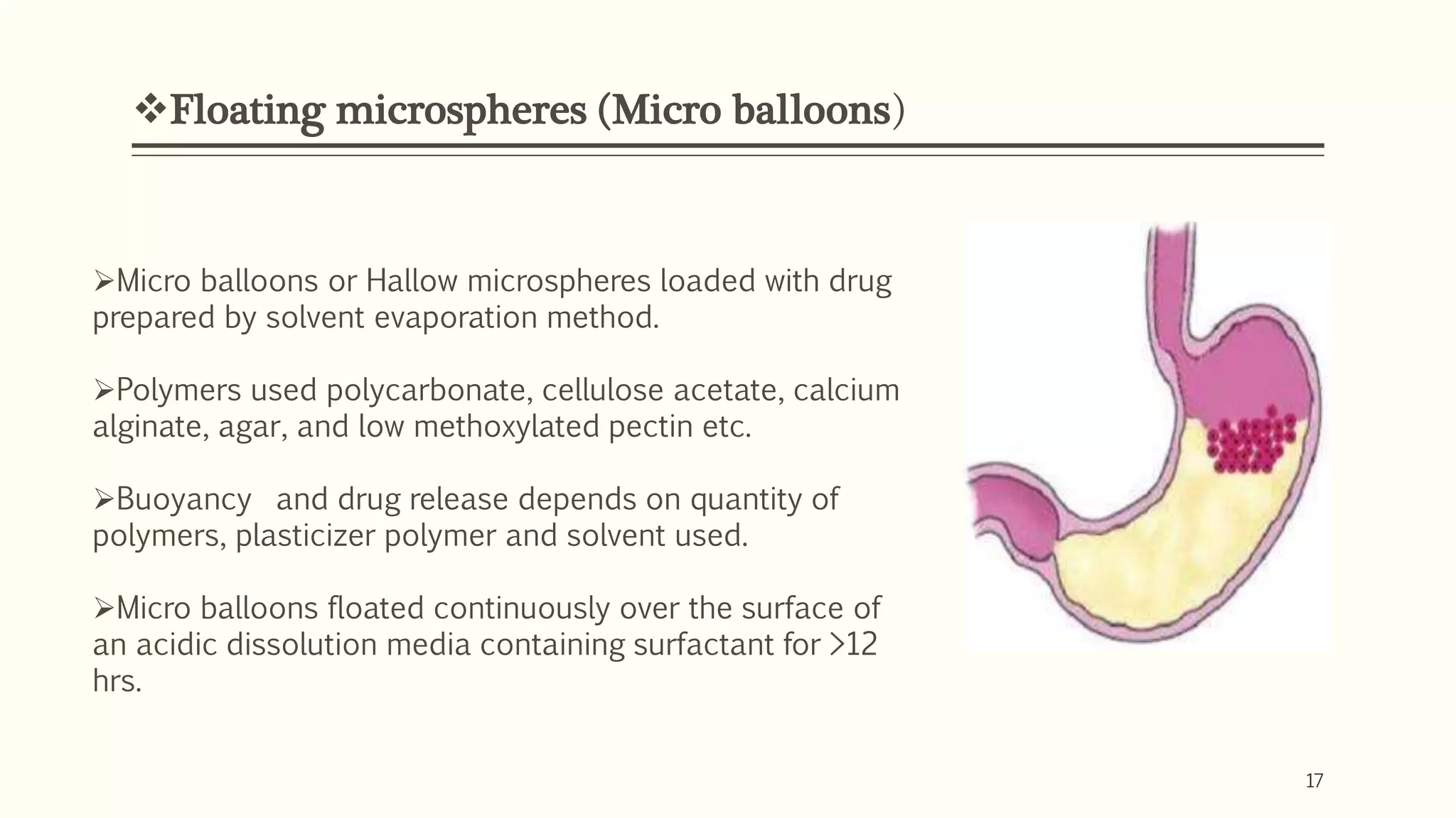 Floating microspheres (Micro balloons)
17
Micro balloons or Hallow microspheres loaded with drug
prepared by solvent evaporation method.
Polymers used polycarbonate, cellulose acetate, calcium
alginate, agar, and low methoxylated pectin etc.
Buoyancy and drug release depends on quantity of
polymers, plasticizer polymer and solvent used.
Micro balloons floated continuously over the surface of
an acidic dissolution media containing surfactant for >12
hrs.
 