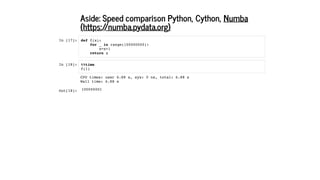 Aside: Speed comparison Python, Cython,
In [17]:
In [18]:
Numba
(https://numba.pydata.org)
def f(x):
for _ in range(100000000):
x=x+1
return x
%%time
f(1)
Out[18]:
CPU times: user 6.88 s, sys: 0 ns, total: 6.88 s
Wall time: 6.88 s
100000001
 