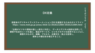 今日の目次
• DXについて
• 中小企業の問題
• 解決提案
• まとめ
DX定義
経産省のデジタルトランスフォーメーション(DX)を推進するためのガイドライン
https://www.meti.go.jp/press/2018/12/20181212004/20181212004.html
「企業がビジネス環境の激しい変化に対応し、データとデジタル技術を活用して、
顧客や社会のニーズを基に、製品やサービス、ビジネスモデルを変革するとともに、
業務そのものや、組織、プロセス、企業文化・風土を変革し、
競争上の優位性を確立すること」
じ
ゅ
う
が
つ
と
う
か
ど
よ
う
 
