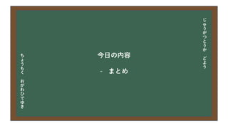 今日の目次
• DXについて
• 中小企業の問題
• 解決提案
• まとめ
今日の内容
- まとめ
じ
ゅ
う
が
つ
と
う
か
ど
よ
う
ち
ょ
う
も
く
お
が
わ
ひ
で
ゆ
き
 