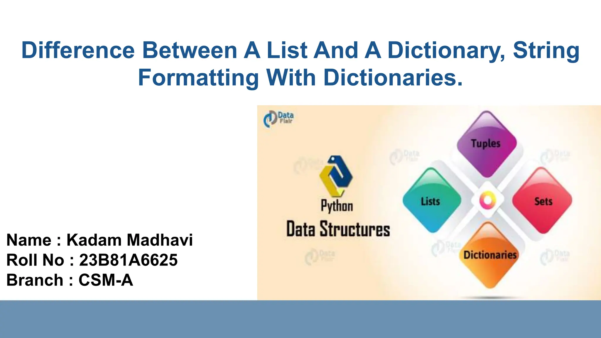 Difference Between A List And A Dictionary, String
Formatting With Dictionaries.
Name : Kadam Madhavi
Roll No : 23B81A6625
Branch : CSM-A
 