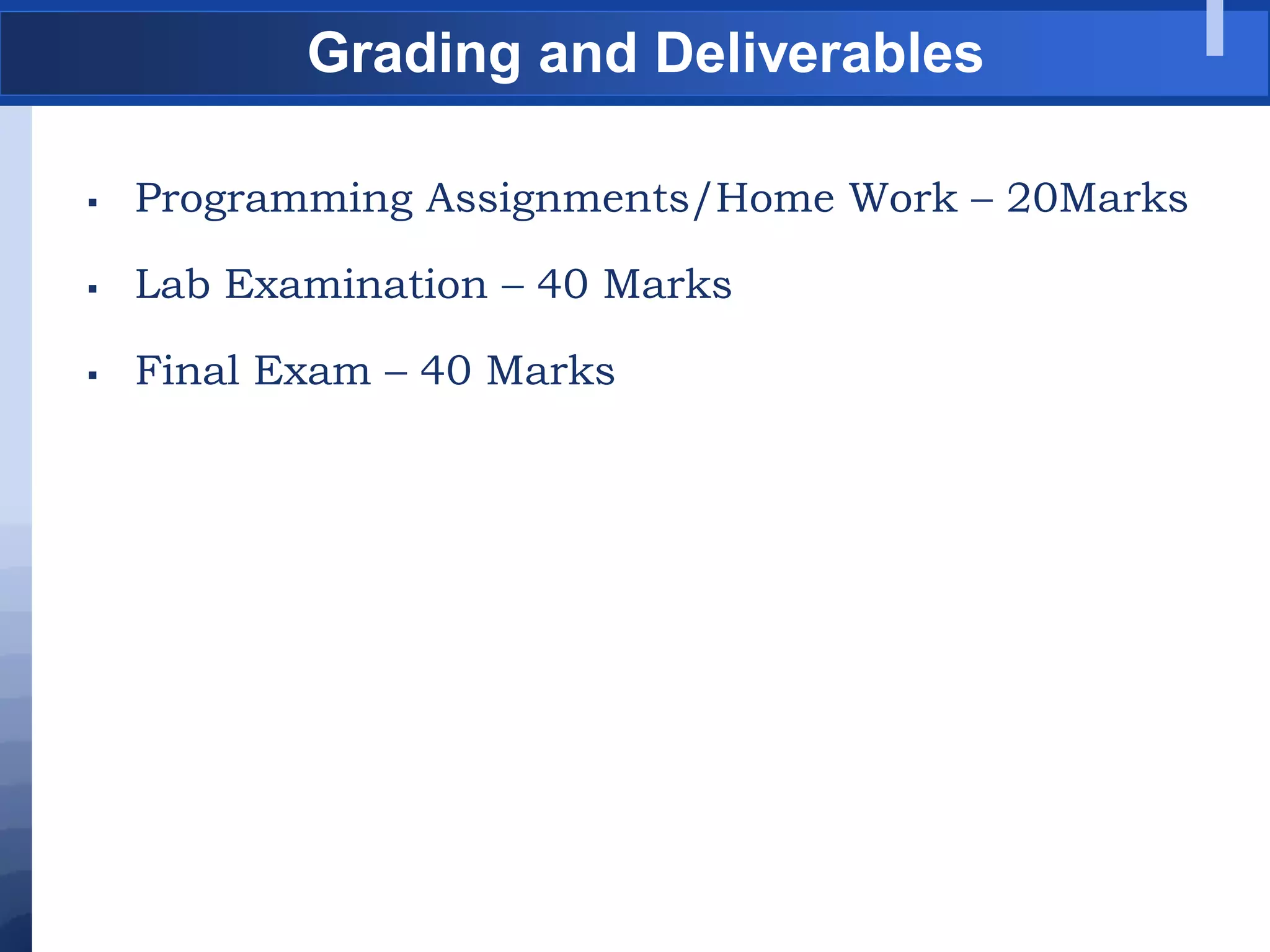 Grading and Deliverables
 Programming Assignments/Home Work – 20Marks
 Lab Examination – 40 Marks
 Final Exam – 40 Marks
 