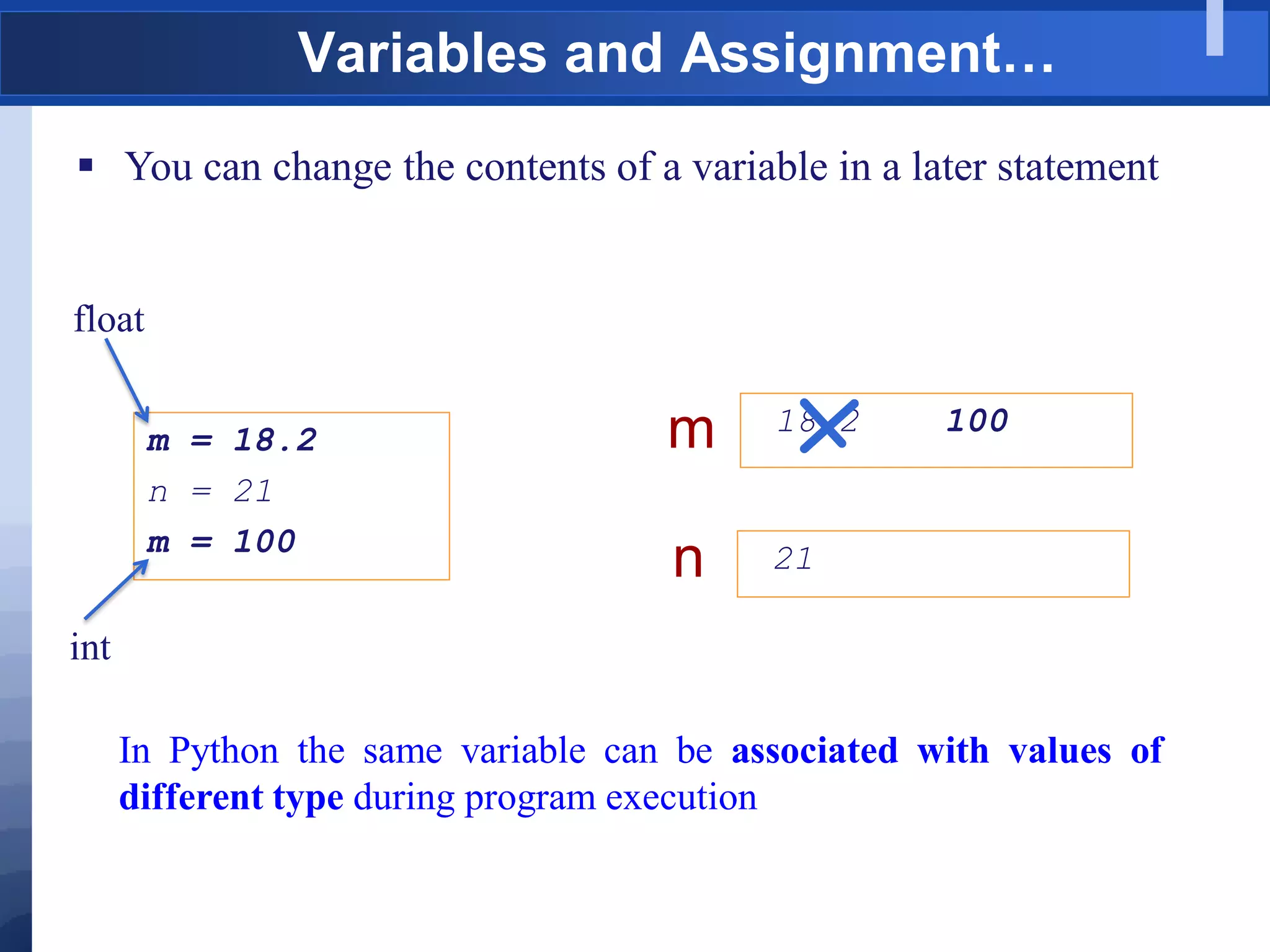  You can change the contents of a variable in a later statement
18.2 100
m
21
n
m = 18.2
n = 21
m = 100
Variables and Assignment…
In Python the same variable can be associated with values of
different type during program execution
float
int
 