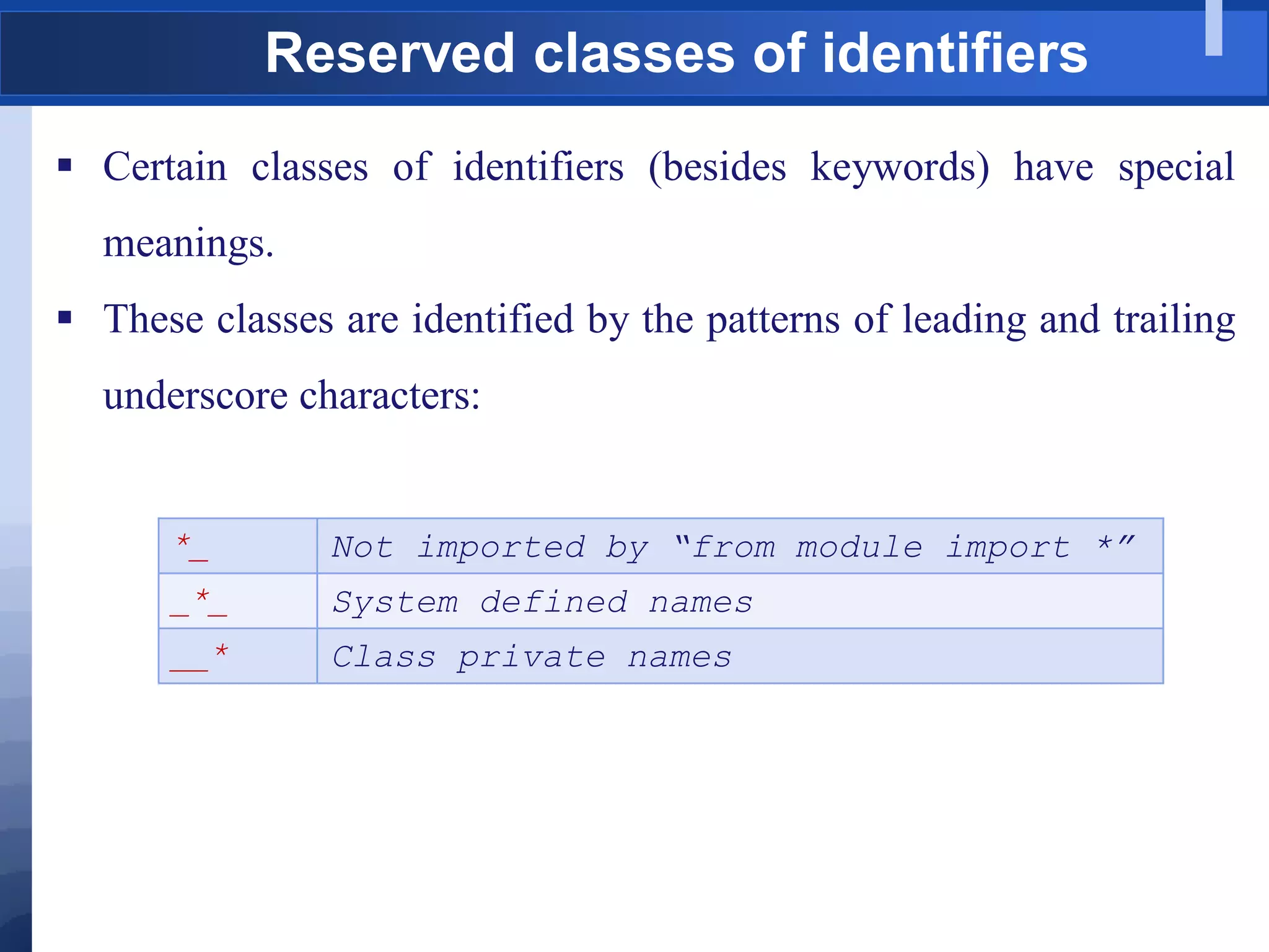 Reserved classes of identifiers
 Certain classes of identifiers (besides keywords) have special
meanings.
 These classes are identified by the patterns of leading and trailing
underscore characters:
*_ Not imported by “from module import *”
_*_ System defined names
__* Class private names
 