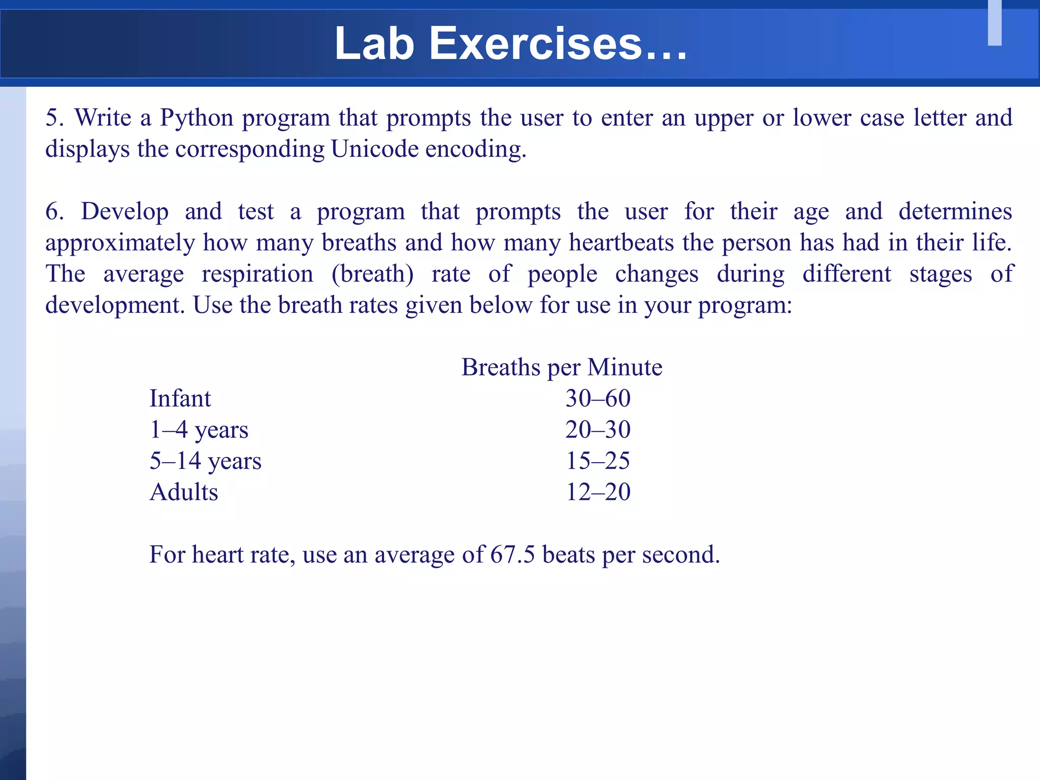 Lab Exercises…
5. Write a Python program that prompts the user to enter an upper or lower case letter and
displays the corresponding Unicode encoding.
6. Develop and test a program that prompts the user for their age and determines
approximately how many breaths and how many heartbeats the person has had in their life.
The average respiration (breath) rate of people changes during different stages of
development. Use the breath rates given below for use in your program:
Breaths per Minute
Infant 30–60
1–4 years 20–30
5–14 years 15–25
Adults 12–20
For heart rate, use an average of 67.5 beats per second.
 