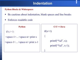 Indentation
Python Blocks & Whitespaces
 Be cautious about indentation, blank spaces and line breaks
 Enforces readable code
Python
if x > 1:
<space-1>…<space-n> print x
<space-1>…<space-n> print x-1
C/C++/Java
if(x>1)
{
printf(“%d”, x);
printf(“%d”, x-1);
}
 