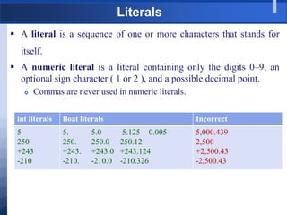 Literals
 A literal is a sequence of one or more characters that stands for
itself.
 A numeric literal is a literal containing only the digits 0–9, an
optional sign character ( 1 or 2 ), and a possible decimal point.
 Commas are never used in numeric literals.
int literals float literals Incorrect
5
250
+243
-210
5. 5.0 5.125 0.005
250. 250.0 250.12
+243. +243.0 +243.124
-210. -210.0 -210.326
5,000.439
2,500
+2,500.43
-2,500.43
 