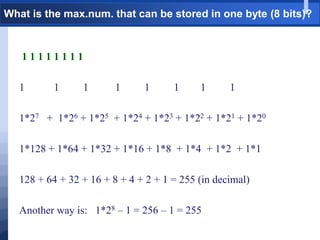 What is the max.num. that can be stored in one byte (8 bits)?
1 1 1 1 1 1 1 1
1 1 1 1 1 1 1 1
1*27 + 1*26 + 1*25 + 1*24 + 1*23 + 1*22 + 1*21 + 1*20
1*128 + 1*64 + 1*32 + 1*16 + 1*8 + 1*4 + 1*2 + 1*1
128 + 64 + 32 + 16 + 8 + 4 + 2 + 1 = 255 (in decimal)
Another way is: 1*28 – 1 = 256 – 1 = 255
 
