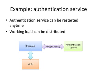 Example: authentication service
• Authentication service can be restarted
  anytime
• Working load can be distributed

                                       Authentication
           Broadcast   REQ/REP (IPC)      service




            Mr.DJ
 