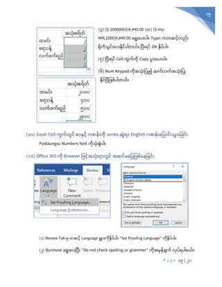 P a g e 19 | 20
19
(၄) [$-10000455]#,##0.00 (or) [$-my-
MM,1000]#,##0.00 စရုံးစပုံးပါ။ Type: ကတဆင်လည်ုံး
ရုံက်သွင်ုံးစပုံးနုံင်ပါတယ်။ ပပီုံးရင် OK နှပ်ပါ။
(၅) ပပီုံးရင် Cell ကွက်ကုံ Copy ပွာုံးစပုံးပါ။
(၆) Num Keypad ကုံအသုံုံးပပြု၍ ဆက်လက်အသုံုံးပပြု
နုံင်ပပီပ စ်ပါတယ်။
(၁၀) Excel Cell ကွက်တွင် စာနှင် င်္ဏန်ုံးကုံ series ဆွွဲရာ English င်္ဏ္ ့်ုံးစပပာင်ုံးသွာုံးပခင်ုံး
Pyidaungsu Numbers font ကုံသုံုံးစွွဲပါ။
(၁၁) Office 365 ကုံ Browser ပ င်အသုံုံးရာတွင် အဆင်မစပပပ စ်စနပခင်ုံး
(၁) Review Tab မှ တဆင် Language မျှာုံးကုံနှပ်ပါ။ “Set Proofing Language” ကုံနှပ်ပါ။
(၂) Burmese စရုံးစပုံးပပီုံး “Do not check spelling or grammer” ကုံအမှန်ချက် လုံပ်ရပါမယ်။
 