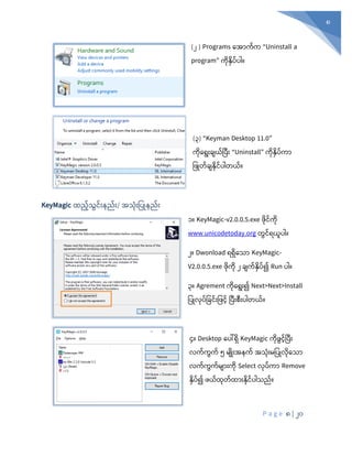 P a g e 8 | 20
8
(၂ ) Programs စအာက်က “Uninstall a
program” ကုံနှပ်ပါ။
(၃) “Keyman Desktop 11.0”
ကုံစရုံးချယ်ပပီုံး “Uninstall” ကုံနှပ်ကာ
ပ ြုတ်ချနုံင်ပါတယ်။
KeyMagic ထည်သွင်ုံးနည်ုံး/ အသုံုံးပပြုနည်ုံး
၁။ KeyMagic-v2.0.0.5.exe ုံင်ကုံ
www.unicodetoday.org တွင်ရယူပါ။
၂။ Dwonload ရရှစသာ KeyMagic-
V2.0.0.5.exe ုံကုံ ၂ ချက်နှပ်၍ Run ပါ။
၃။ Agrement ကုံစရုံး၍ Next>Next>Install
ပပြုလုံပ်ပခင်ုံးပ င် ပပီုံးစီုံးပါတယ်။
၄။ Desktop စပေါ်ရှ KeyMagic ကုံ ွင်ပပီုံး
လက်ကွက် ၅ မျြုုံးအနက် အသုံုံးမပပြုလုံစသာ
လက်ကွက်မျာုံးကုံ Select လုံပ်ကာ Remove
နှပ်၍ ယ်ထုံတ်ထာုံးနုံင်ပါသည်။
 