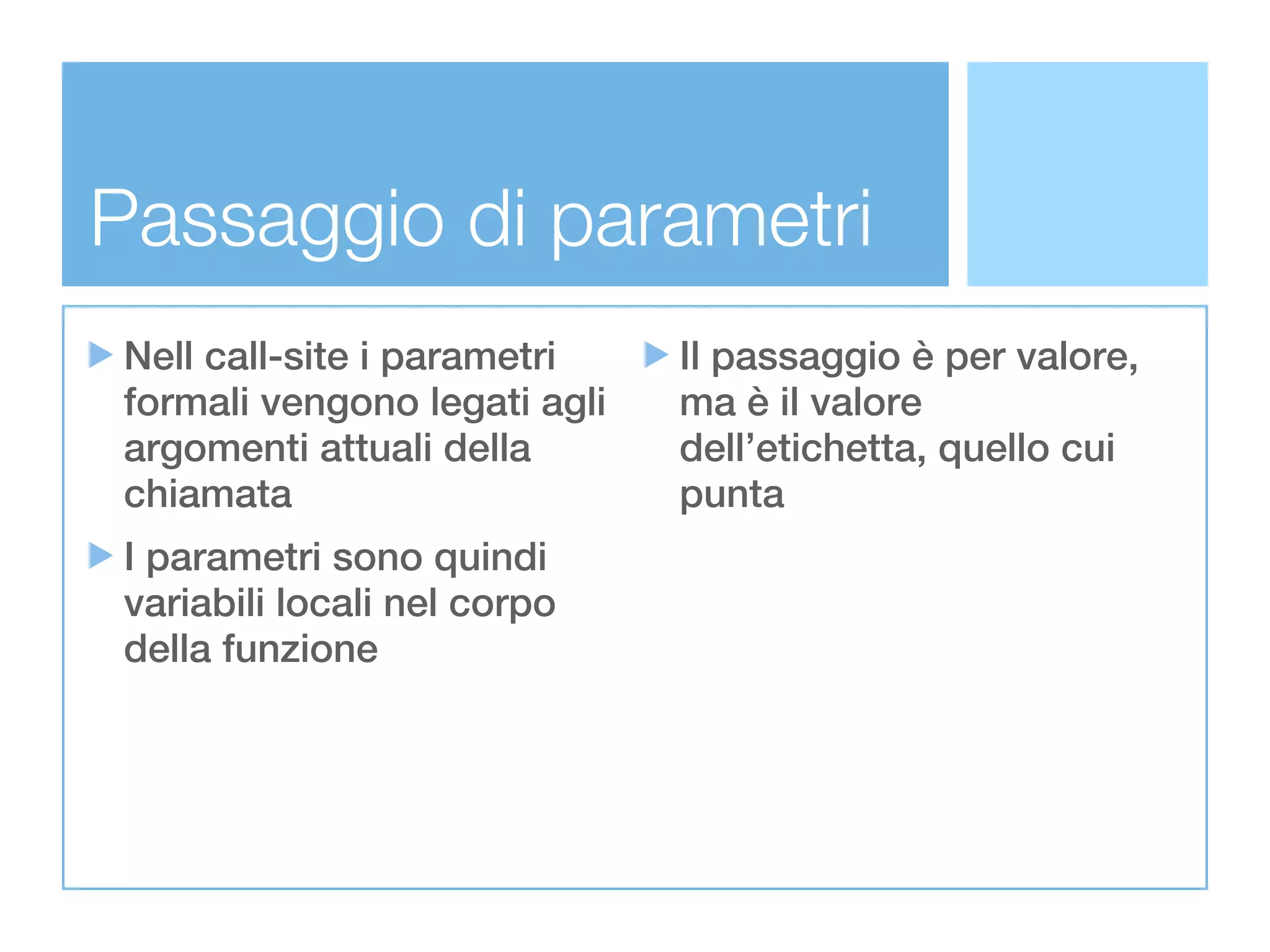 Passaggio di parametri
Nell call-site i parametri    Il passaggio è per valore,
formali vengono legati agli   ma è il valore
argomenti attuali della       dell’etichetta, quello cui
chiamata                      punta
I parametri sono quindi
variabili locali nel corpo
della funzione
 