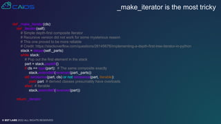 © BST LABS 2022 ALL RIGHTS RESERVED
_make_iterator is the most tricky
def _make_iterator(cls):
def _iterator(self):
# Simple depth-first composite Iterator
# Recursive version did not work for some mysterious reason
# This one proved to be more reliable
# Credit: https://stackoverflow.com/questions/26145678/implementing-a-depth-first-tree-iterator-in-python
stack = deque(self._parts)
while stack:
# Pop out the first element in the stack
part = stack.popleft()
if cls == type(part): # The same composite exactly
stack.extendleft(reversed(part._parts))
elif isinstance(part, cls) or not isinstance(part, Iterable):
yield part # derived classes presumably have overloads
else: # Iterable
stack.extendleft(reversed(part))
return _iterator
 