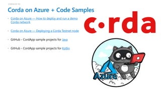 Corda on Azure + Code Samples
Corda on Azure — How to deploy and run a demo
Corda network
Corda on Azure — Deploying a Corda Testnet node
Java
Kotlin
CORDA BY R3
 