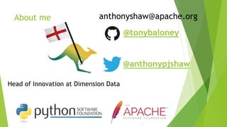 About me
@anthonypjshaw
@tonybaloney
anthonyshaw@apache.org
Head of Innovation at Dimension Data
 
