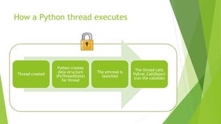 How a Python thread executes
Thread created
Python creates
data structure
(PyThreadState)
for thread
The pthread is
launched
The thread calls
PyEval_CallObject
(run the callable)
 