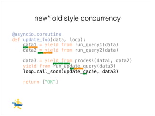 new* old style concurrency
@asyncio.coroutine
def update_foo(data, loop):
data1 = yield from run_query1(data)
data2 = yield from run_query2(data)
!

data3 = yield from process(data1, data2)
yield from run_update_query(data3)
loop.call_soon(update_cache, data3)
!

return ["OK"]

 