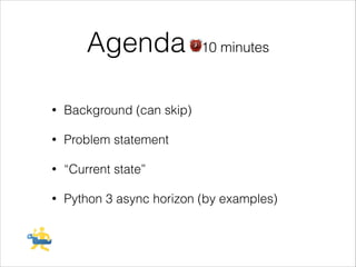 Agenda ⏰10 minutes
!

•

Background (can skip)

•

Problem statement

•

“Current state”

•

Python 3 async horizon (by examples)

 
